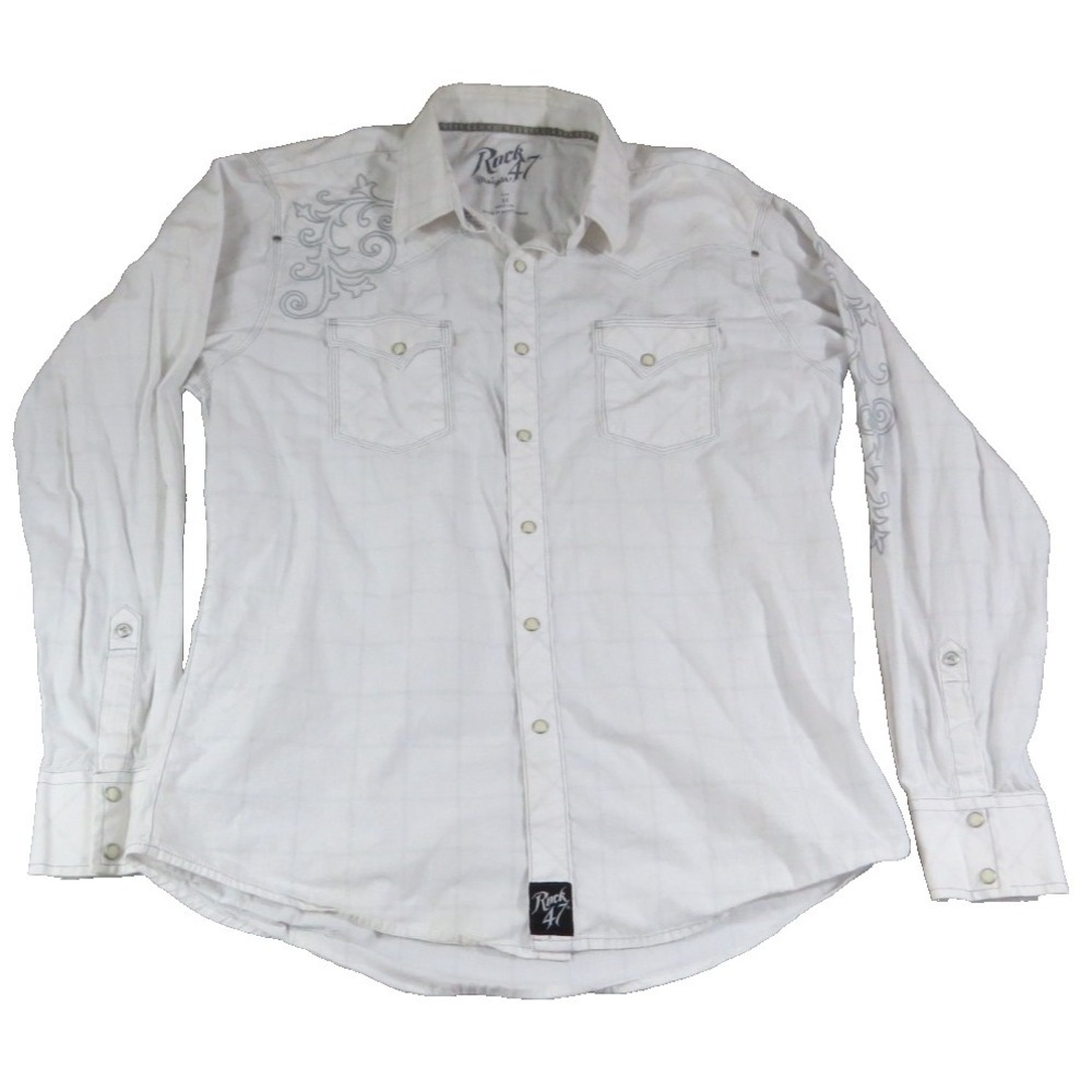 Rock 47 Wrangler Shirt XL White Embroidered Western Pearl Snap Cowboy Cotton L/S